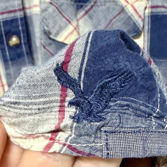 🪅American Eagle Blue Red Western Plaid Snap Down Long Sleeve Shirt - Picture 9 of 12